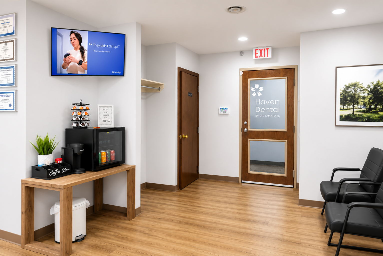 Haven Dental waiting area with coffee bar and patient screen