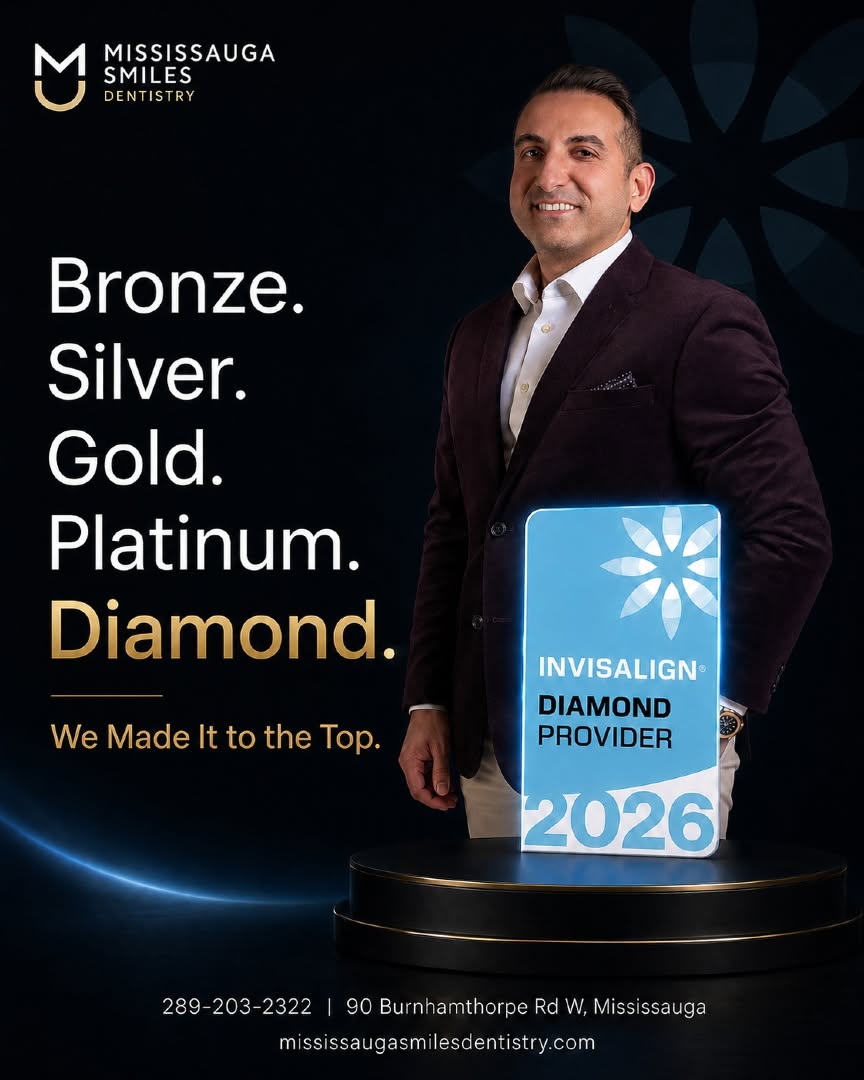 Dr. Mohamad Khorshid standing beside the 2026 Invisalign Diamond Provider award, with the progression from Bronze to Diamond