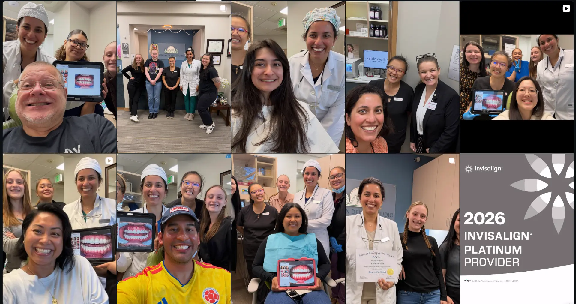 Collage of Renton Dental Studio team members and smiling Invisalign patients, with the 2026 Invisalign Platinum Provider announcement panel