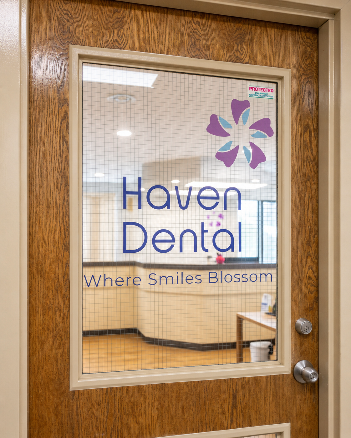 Haven Dental branded glass door signage