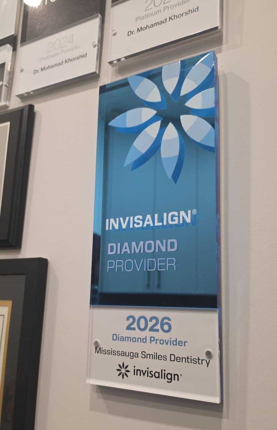 2026 Invisalign Diamond Provider plaque awarded to Dr. Mohamad Khorshid at Mississauga Smiles Dentistry