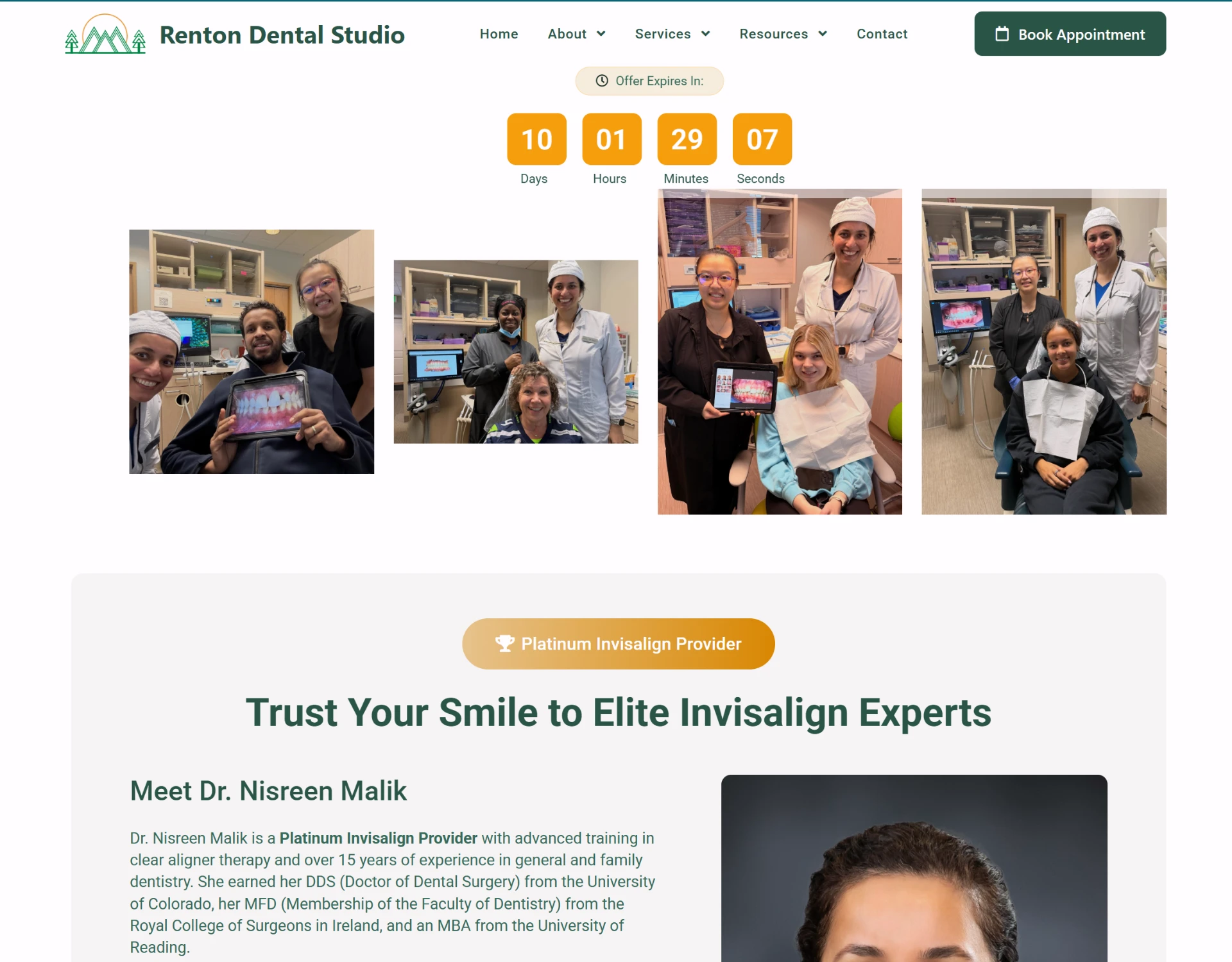 Invisalign offer page with countdown, patient photos, and Dr. Nisreen Malik's bio