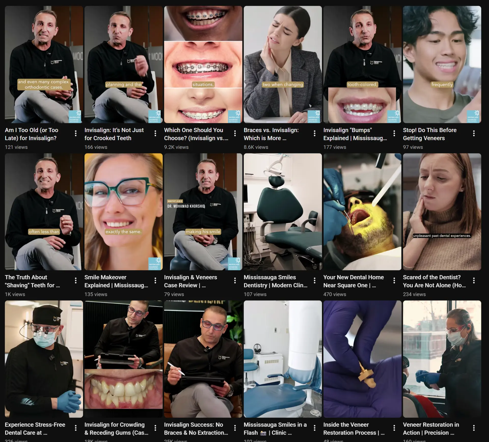 Grid of Mississauga Smiles Dentistry educational videos featuring Dr. Khorshid covering Invisalign, veneers, smile makeovers, and clinic tours