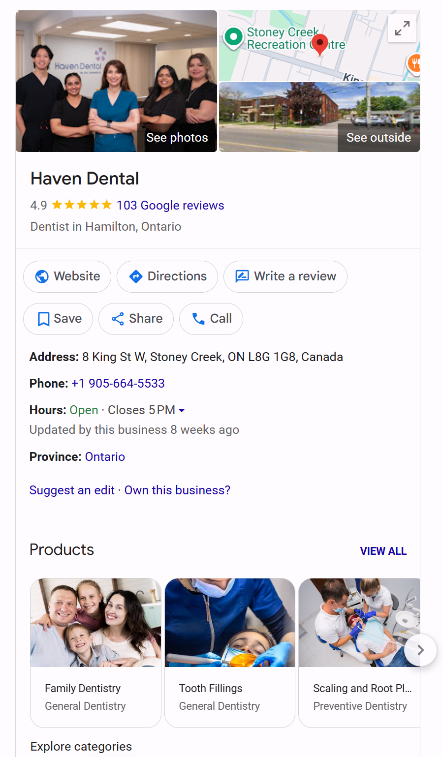 Haven Dental Google Business Profile listing in Stoney Creek, Ontario